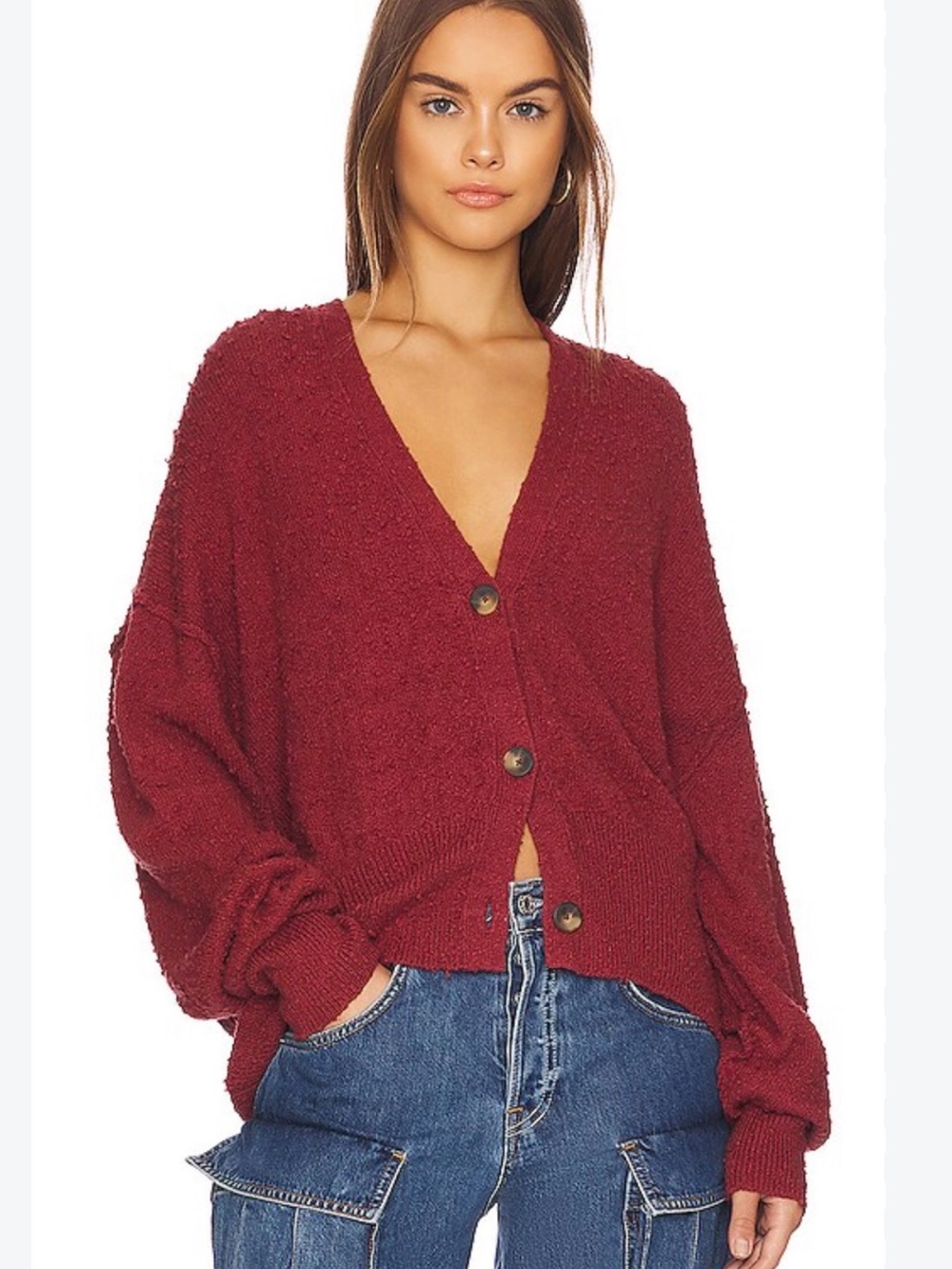 Free people Cozy V-Neck Button slouchy Front Sweater Cardigan Wine Red small